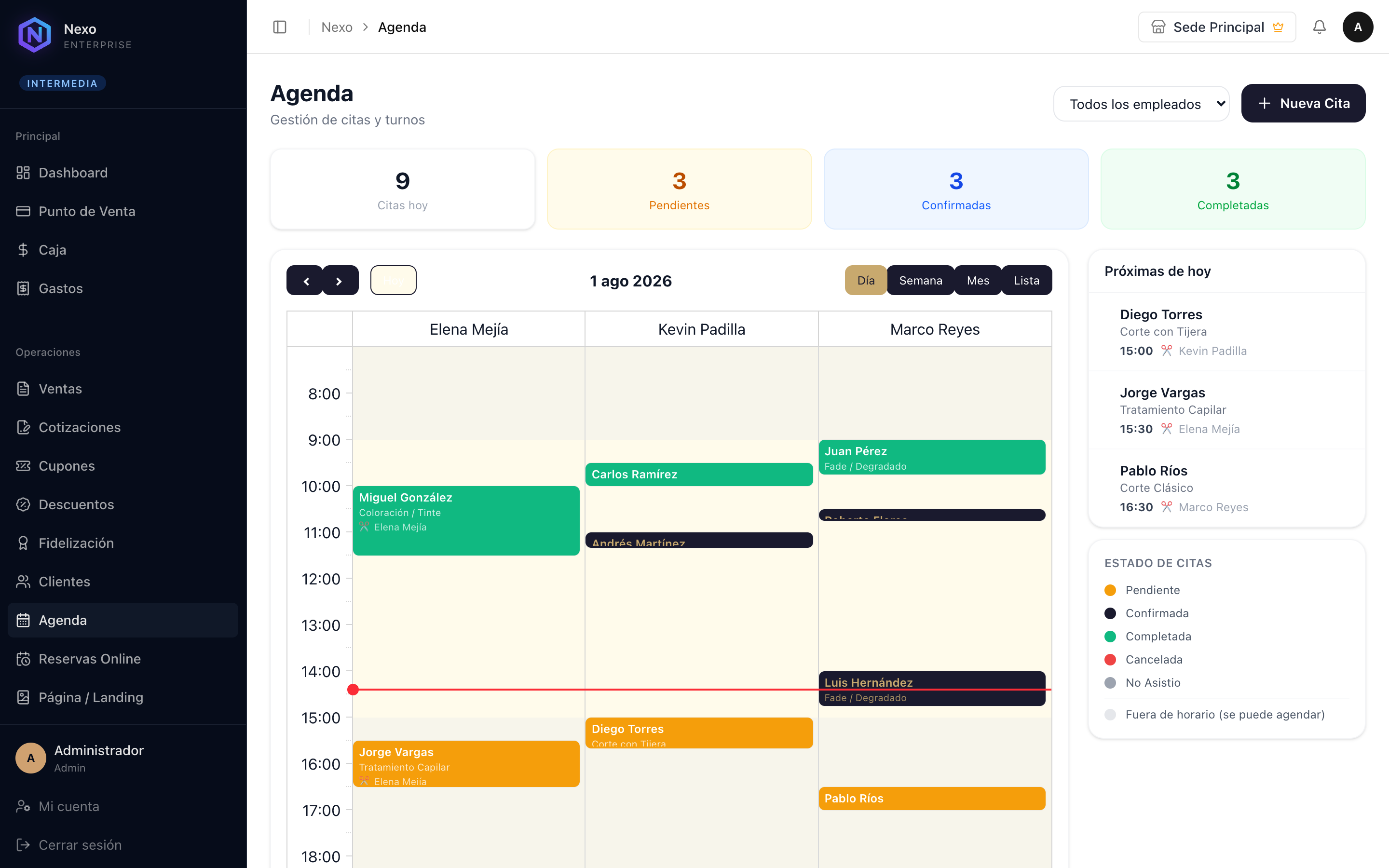 Pantalla de agenda de Nexo Enterprise